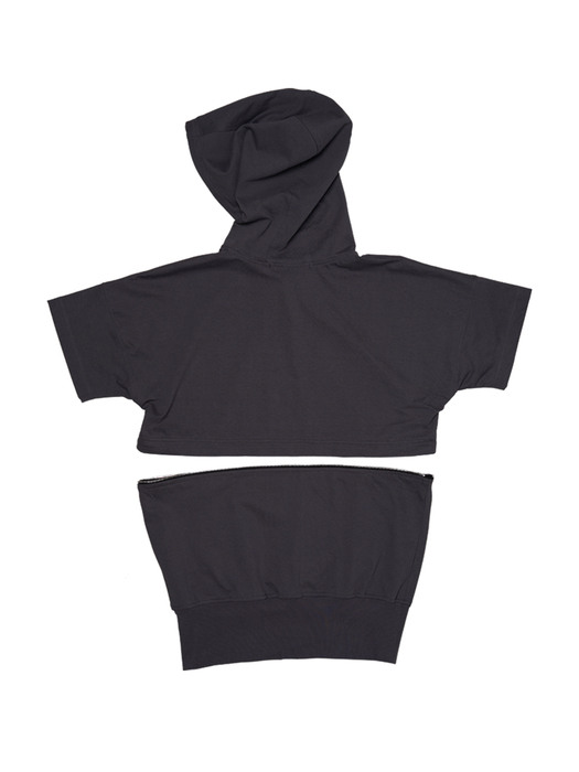 Waist Zipper Short Sleeve Hoodie (Charcoal)