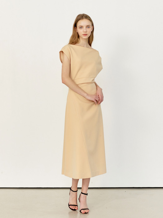[미전시]ATHENA Asymmetric sleeve flared dress (Cream Orange/Cream yellow)