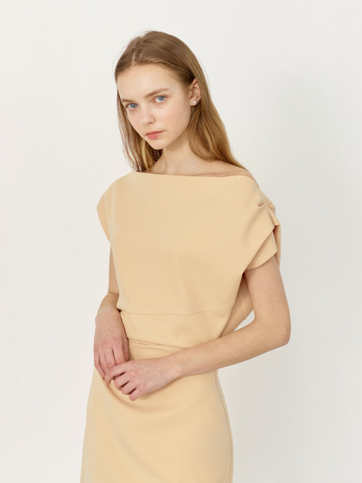 [미전시]ATHENA Asymmetric sleeve flared dress (Cream Orange/Cream yellow)