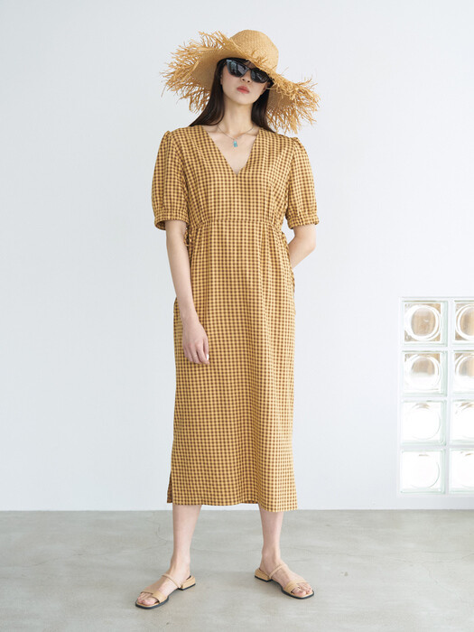 21 Summer_ Mustard  Gingham Check V-Neck Dress
