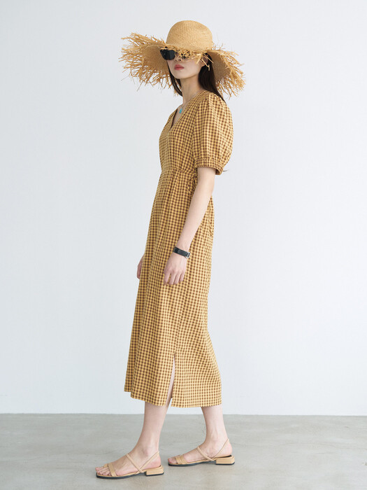 21 Summer_ Mustard  Gingham Check V-Neck Dress