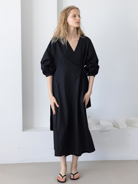 Gathered Sleeve Cotton Wrap Dress_3color