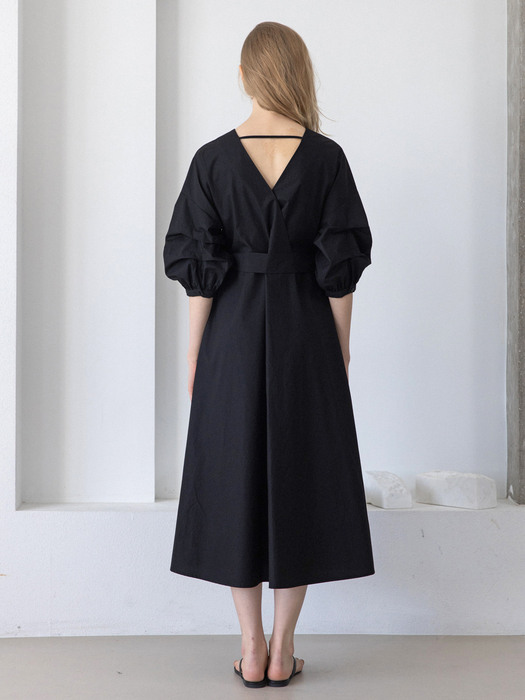 Gathered Sleeve Cotton Wrap Dress_3color