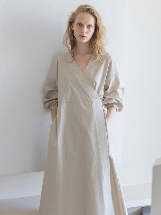 Gathered Sleeve Cotton Wrap Dress_3color