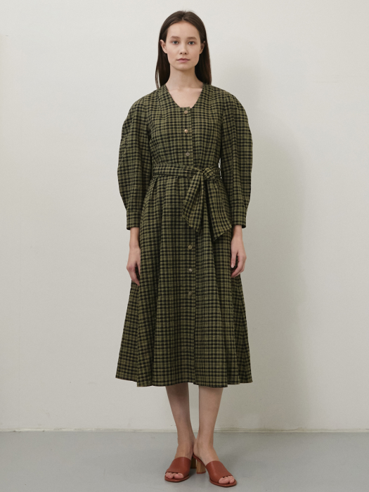 GINGHAM CHECK BALLOON SLEEVE DRESS KHAKI AEDR0E013K2