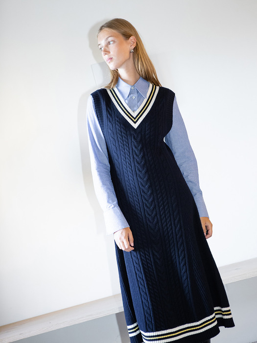 [N]JOY Sleeveless v-neck knit dress (Camel brown/Navy)