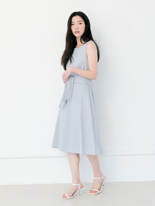 Sleeveless Ribbon Dress Grayish Sky Blue