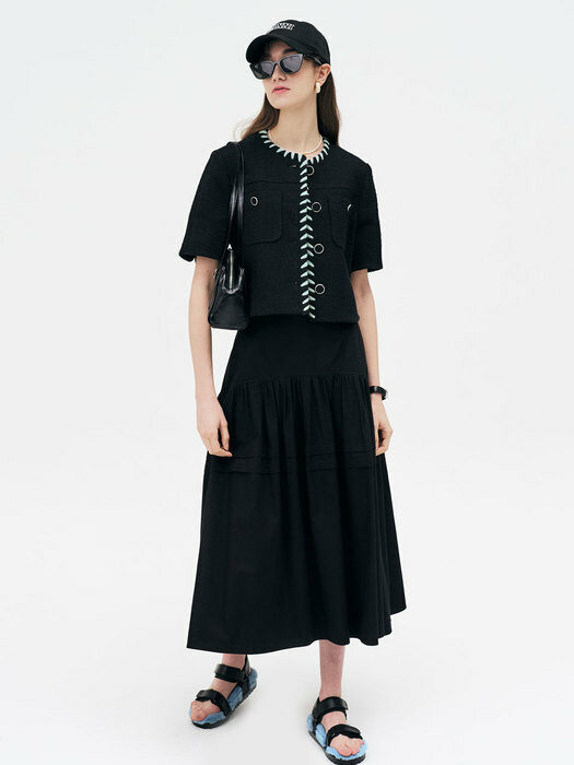 22 Summer_ Black Cotton Midi Skirt