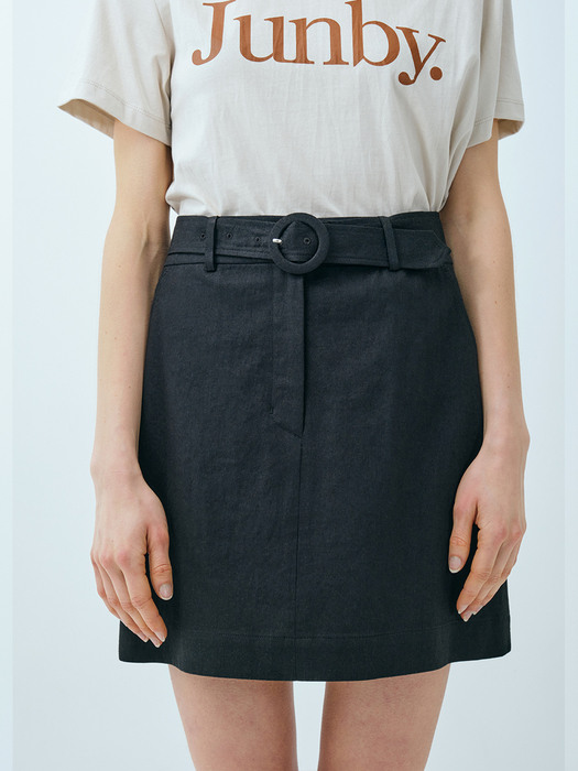 belted linen mini skirt_black