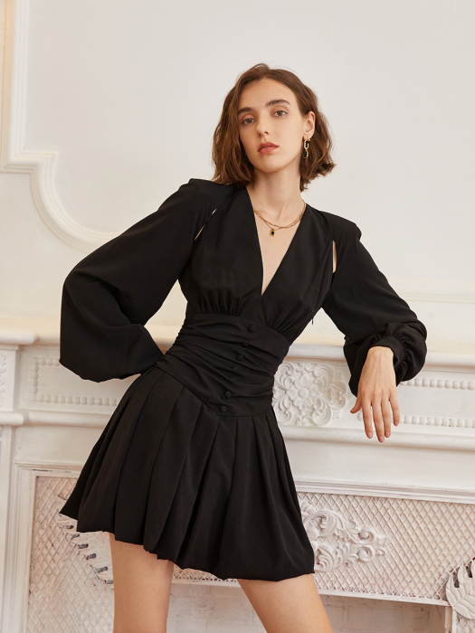 YY black pleats waist short dress