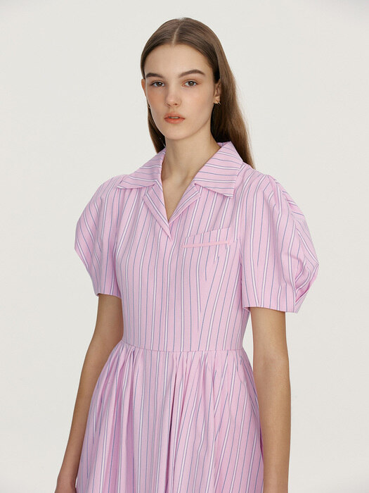 NORTH SHORE Notched collar puff sleeve dress (Pink stripe/Mint stripe)