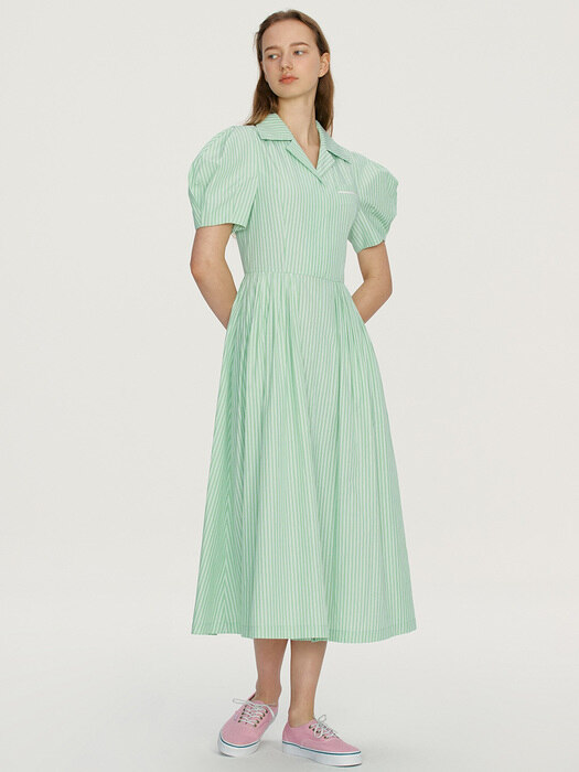 NORTH SHORE Notched collar puff sleeve dress (Pink stripe/Mint stripe)