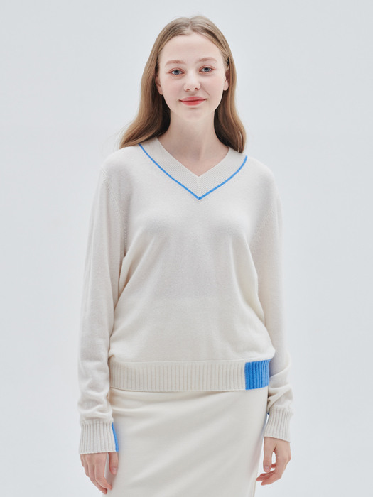 [M23WPU013] V-neck Color Point pullover (Ivory)