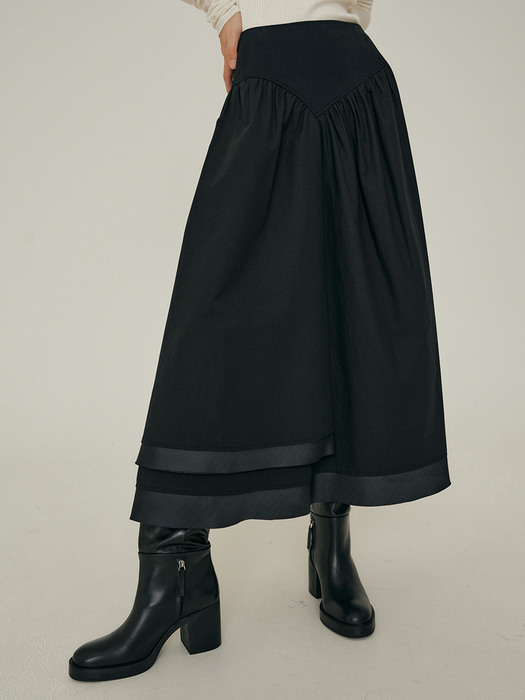22FW_Double Layered Shirring Skirt (Black)