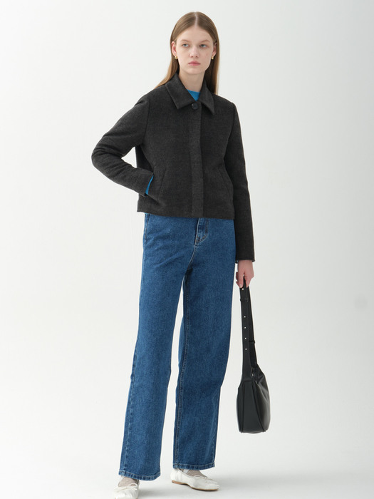 wool blend single crop jacket_dark gray