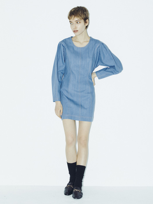 [리퍼브] Denim Stitch Mini Dress - Blue