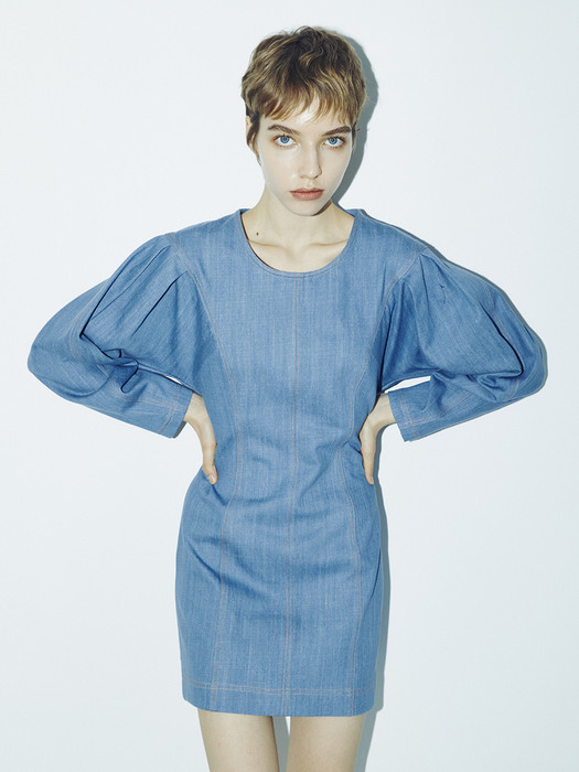 [리퍼브] Denim Stitch Mini Dress - Blue