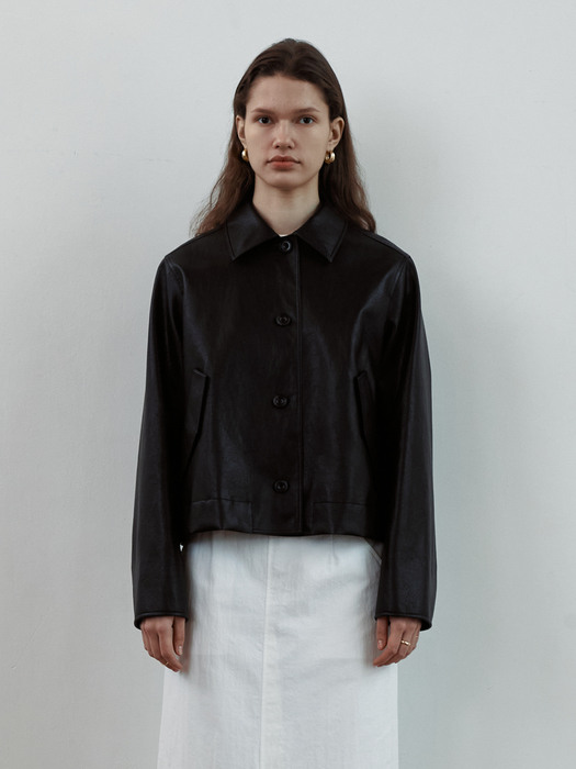 Stitch detail plain leather jacket [BLACK]