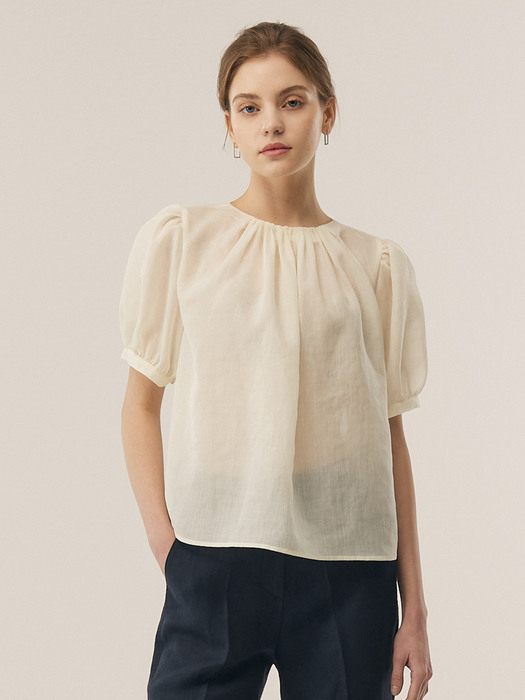 [Linen] Puff Sleeve Shirring Blouse _ 2color