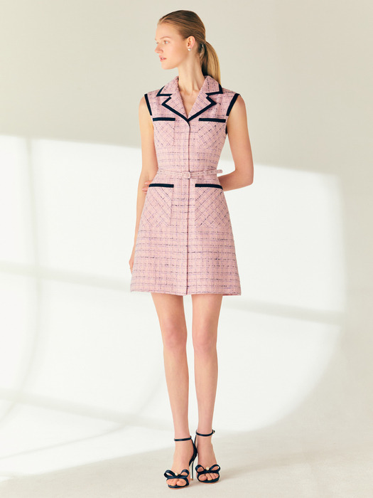 KAYLA Contrast-trim sleeveless semi A-line tweed mini dress (Pink)