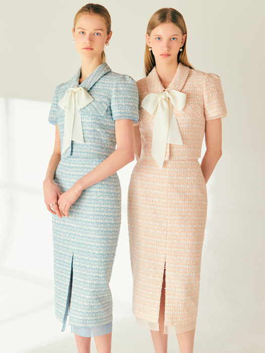 TERI Chiffon layered H-line tweed long skirt (Pale coral pink/Minty blue)