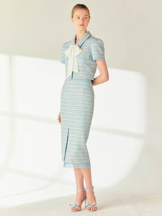 TERI Chiffon layered H-line tweed long skirt (Pale coral pink/Minty blue)