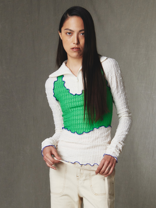 Half Zip-up Wrinkle Top Ivory Green