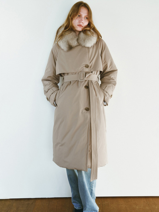 FOX FUR TRENCH GOOSE DOWN COAT [BEIGE][BLACK]