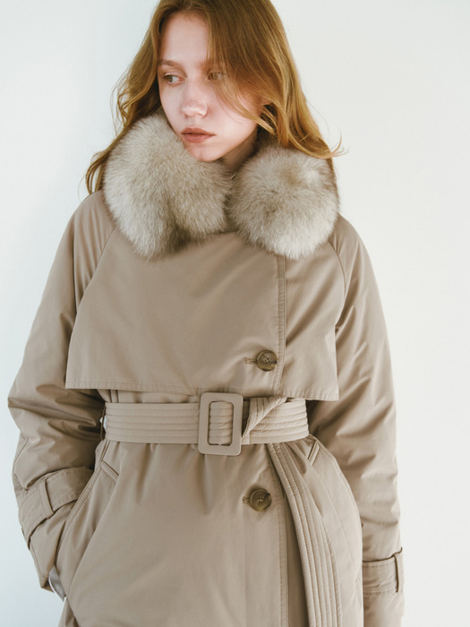 FOX FUR TRENCH GOOSE DOWN COAT [BEIGE][BLACK]