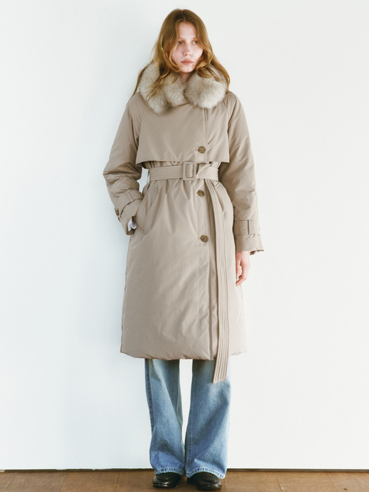 FOX FUR TRENCH GOOSE DOWN COAT [BEIGE][BLACK]