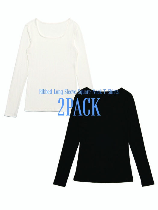 (1+1) Ribbed Long Sleeve Square Neck T-Shirts [2COLOR]
