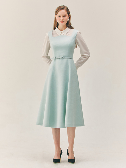 SHELBY Curved square neck sleeveless flared long dress (Pale mint/Black)