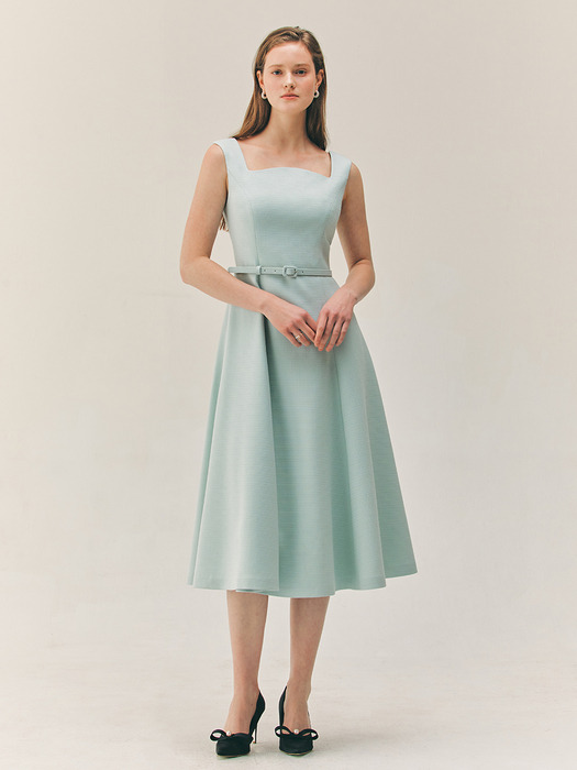 SHELBY Curved square neck sleeveless flared long dress (Pale mint/Black)