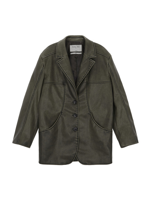 WASHED LEATHER SINGLE JACKET IN KHAKI