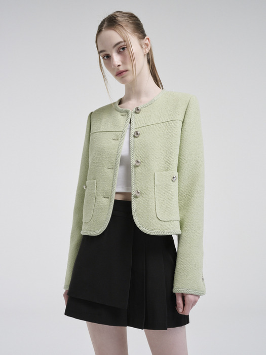 Curved Round Tweed Jacket, Light Green