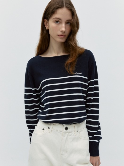 stripe boat neck pullover - navy