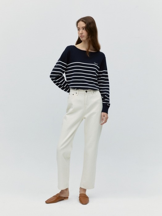 stripe boat neck pullover - navy