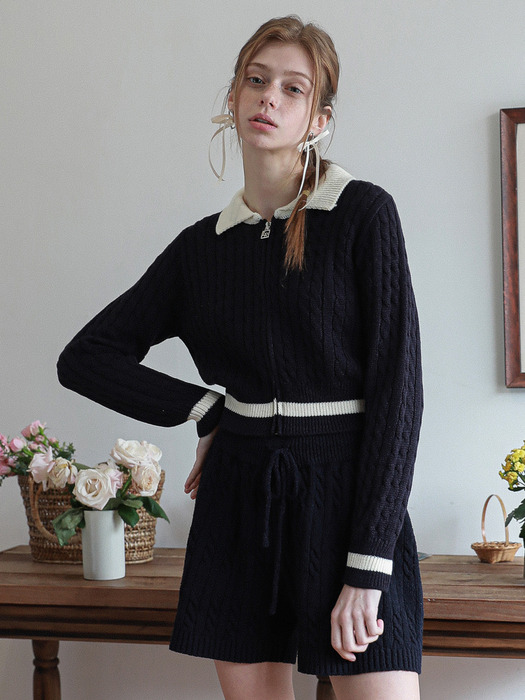Cable Collar Zip-Up Knit Navy