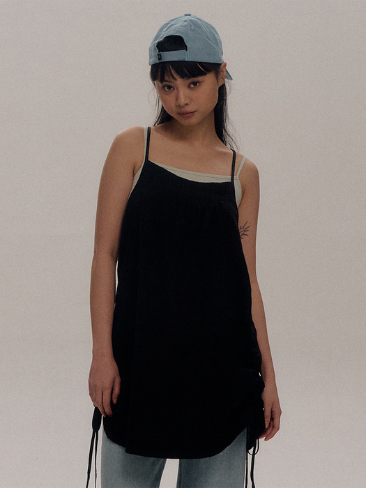 Layered String Shirring Sleeveless Mini One Piece [Black]