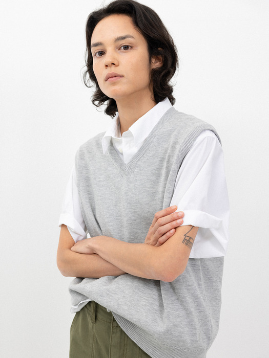 Cotton v-neck vest_melange grey