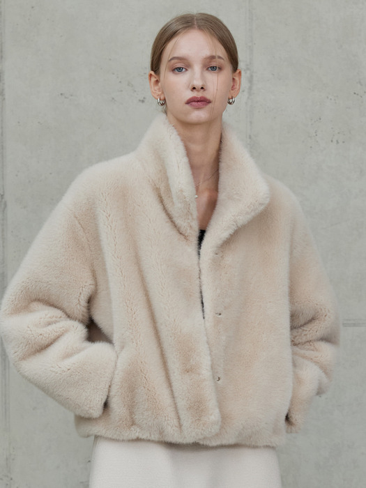 High Neck Eco Fur Jacket_Beige