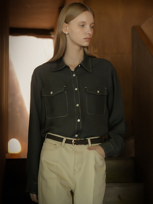 Contrast stitch glossy pocket shirt_Charcoal