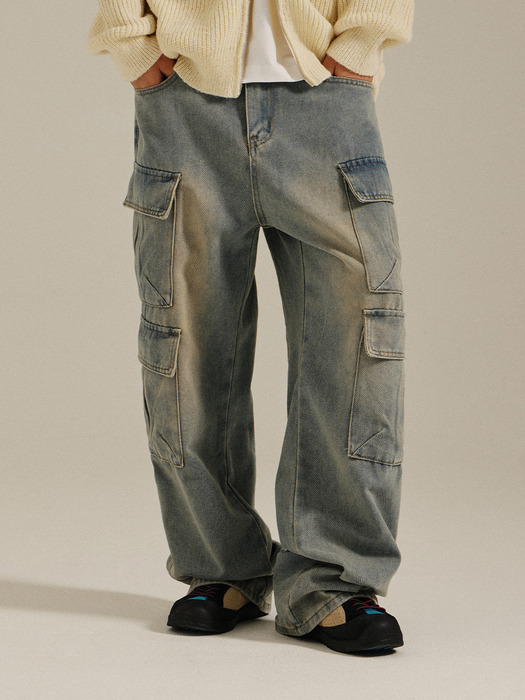 Multi Pocket Cargo Denim Pants Blue