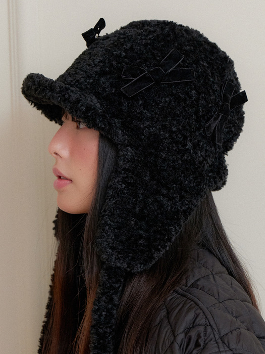 (+리본브로치) shearing boucle hug trooper hat