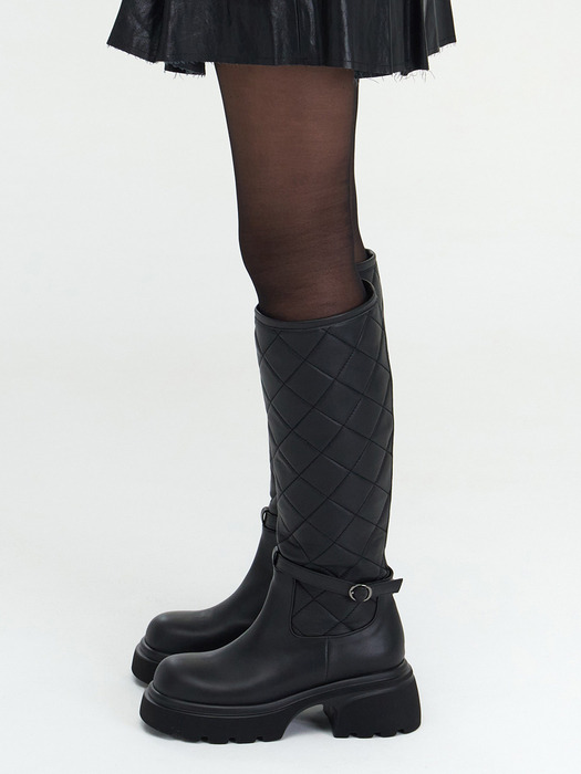 Quilted Belt Long Boots_Black