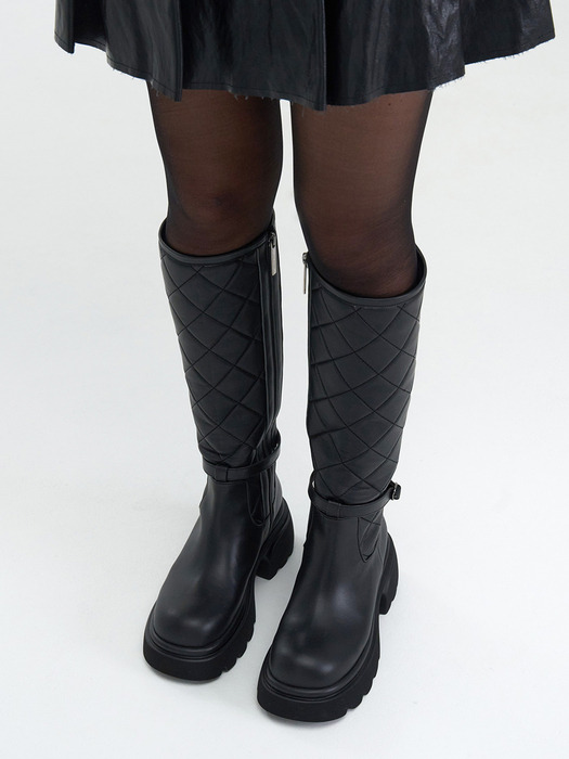 Quilted Belt Long Boots_Black