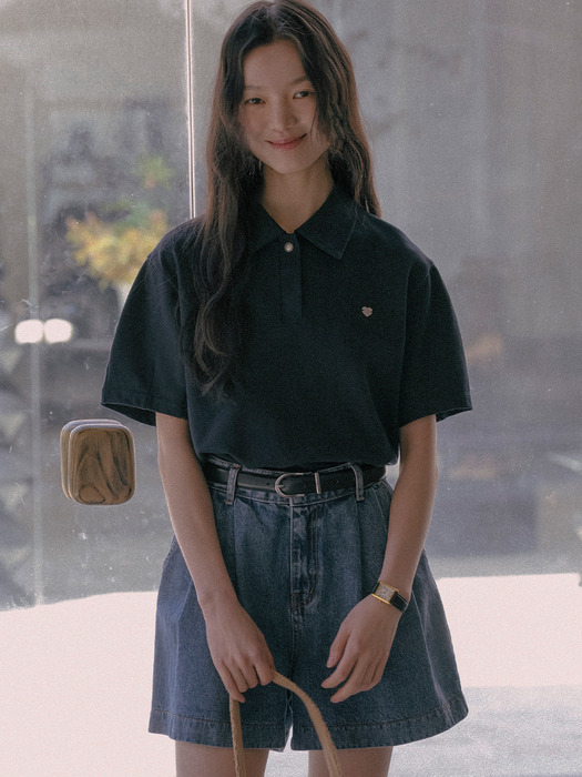 Heart detail half sleeve pique t-shirt_Navy - Image 1