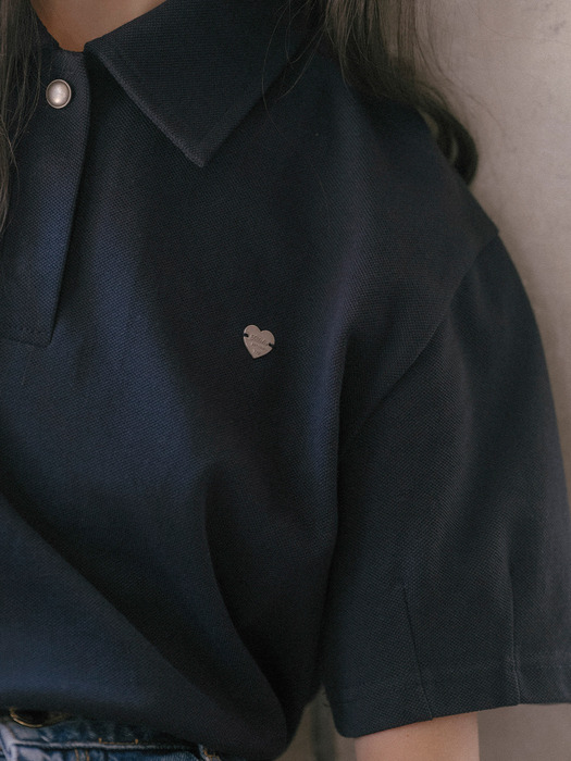 Heart detail half sleeve pique t-shirt_Navy - Image 2