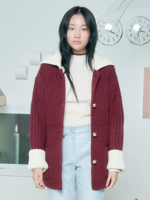 FLOWER EMBROIDERY KNIT CARDIGAN [WINE]