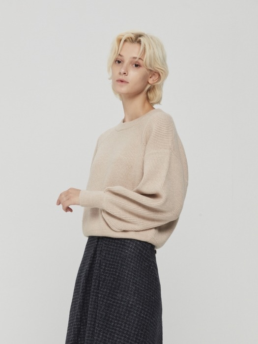 Puff Sleeve Knit Pullover Beige